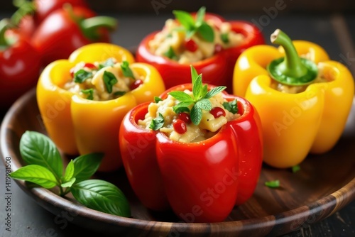 Colorful bell peppers stuffed with healthy ingredients, appetizer, diet