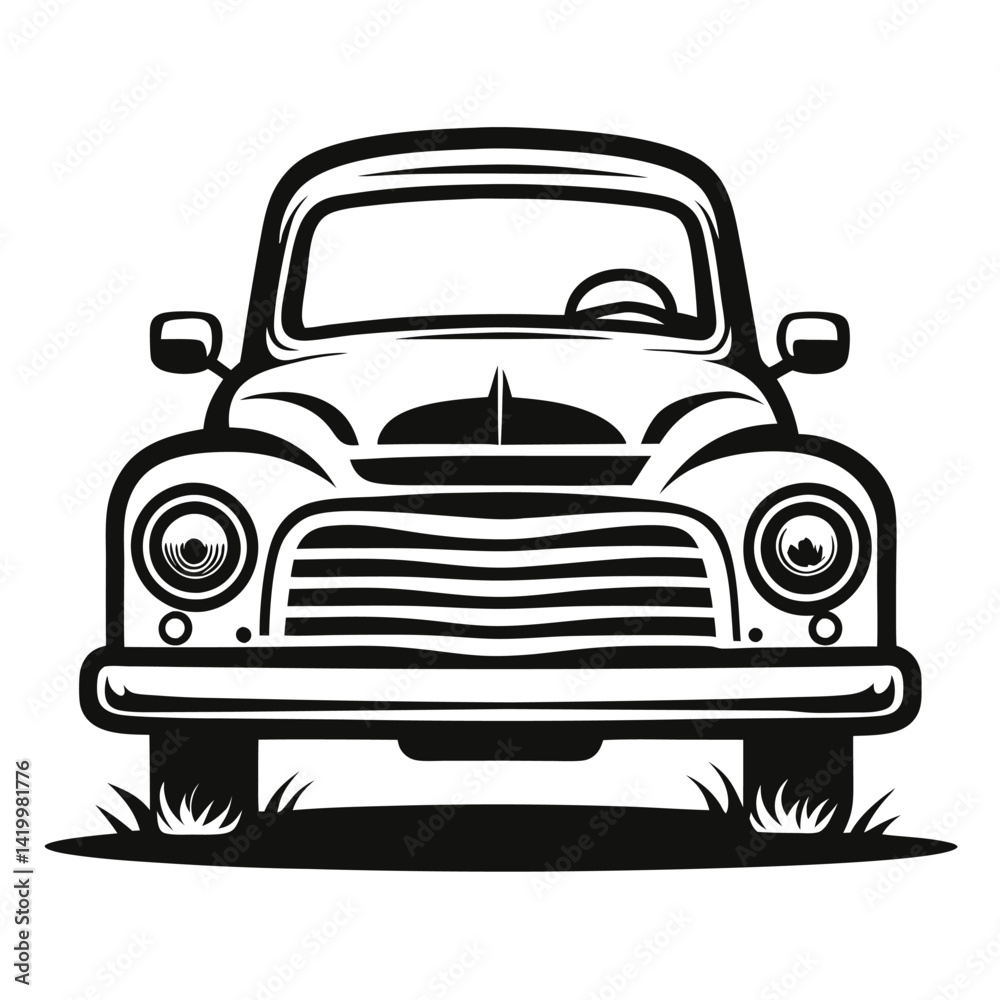 Obraz premium Classic Car Front View Black and White Illustration, automobile vector on white background