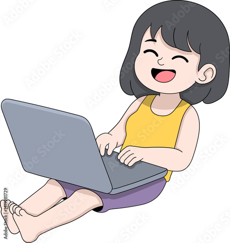 Happy Girl Working on Laptop Work From Anywhere Concept