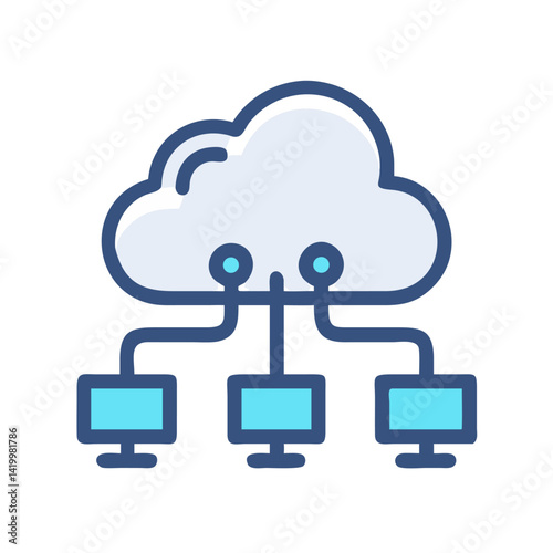 Flat Blue Cloud Network Icon with Data Tree Structure
. SaaS Platform  IT Services Vector, Tech Infrastructure System