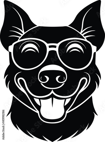 head of dog, angry dog illustration, vector illustration of a dog, sitting dog silhouette icon, black and white dog, dog head vector, funny sunglass wearing dog on white background.