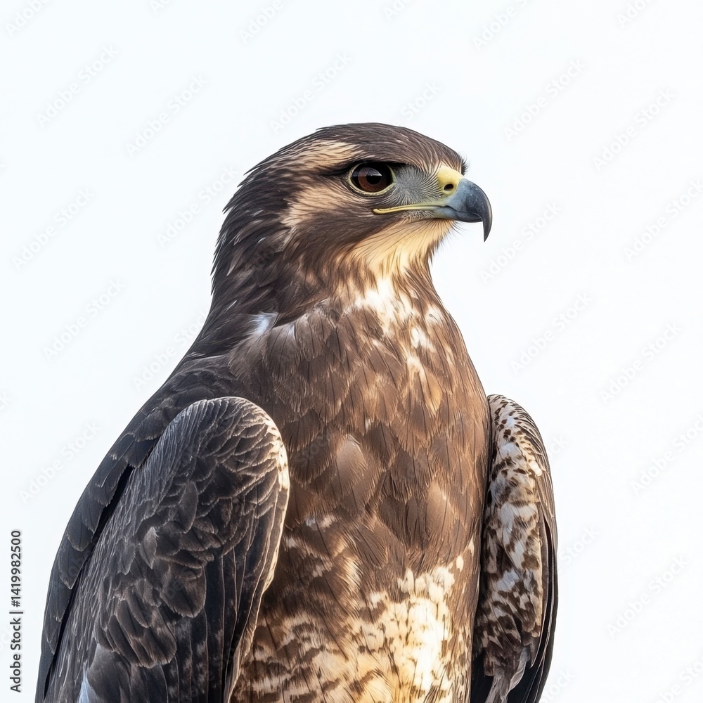Close up of a dark brown hawk against a white background. The hawk is looking to the right of the frame.