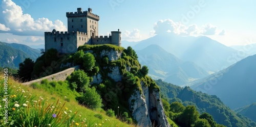 Ancient stone castle on hilltop, verdant landscape, castle, landscape, photography