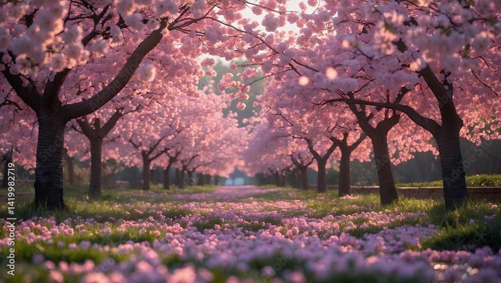Naklejka premium Blooming trees creating a pink canopy over a flower covered path