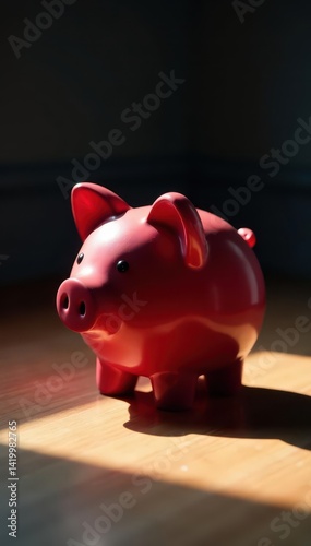 A lone, fractured red piggy bank in shadow; a symbol of depleted funds , finance, savings