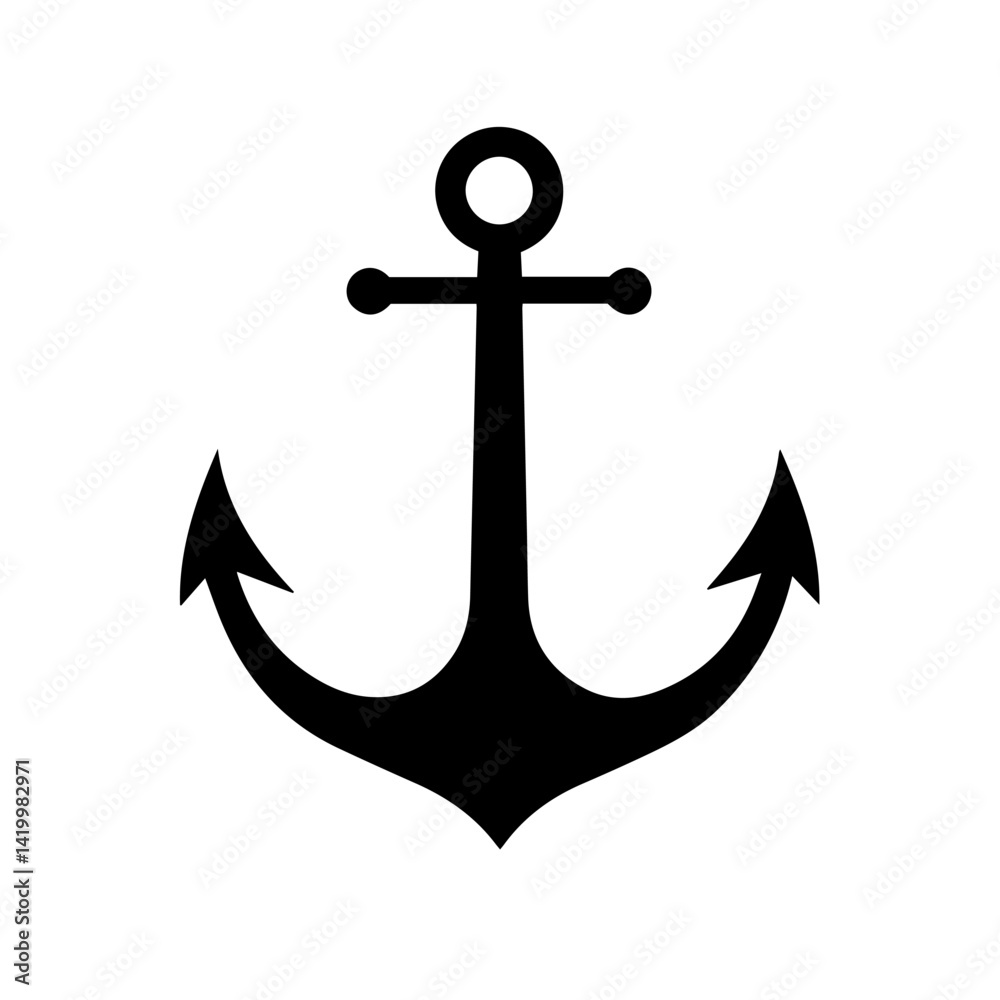 A simple, elegant black anchor icon isolated on a bright white backdrop, perfect for various uses. A simple, elegant black anchor icon isolated on a bright white backdrop, perfect for various uses.