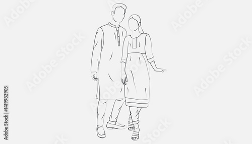 Fashionable Wear. Man and Woman Fashion Punjabi and Kameez Line Drawing with White Background