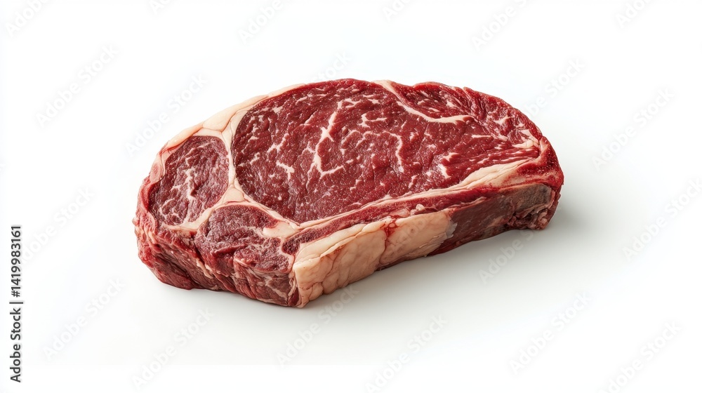 A thick, raw ribeye steak with rich marbling lies isolated on a clean white background
