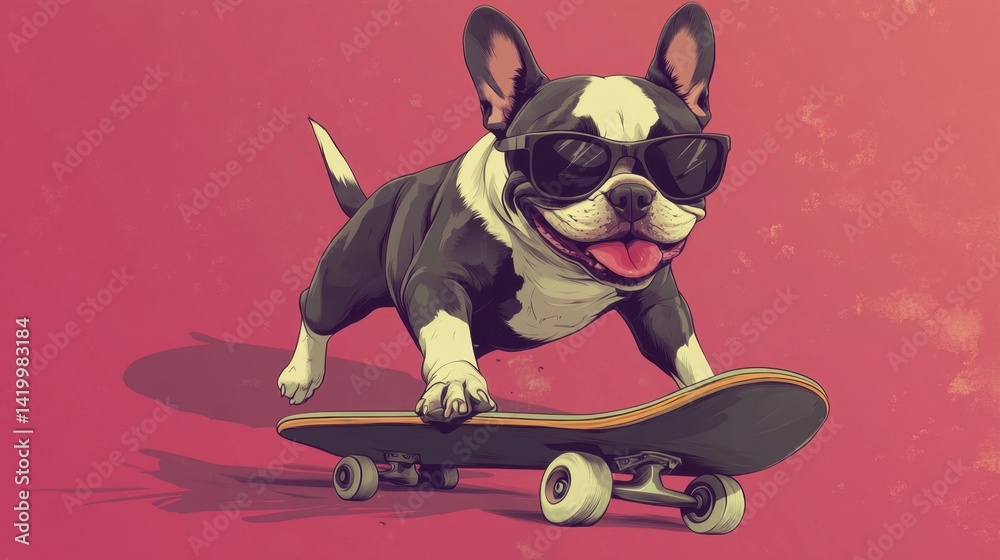 a cheerful cartoon French Bulldog wearing sunglasses and riding a skateboard against a textured pink background