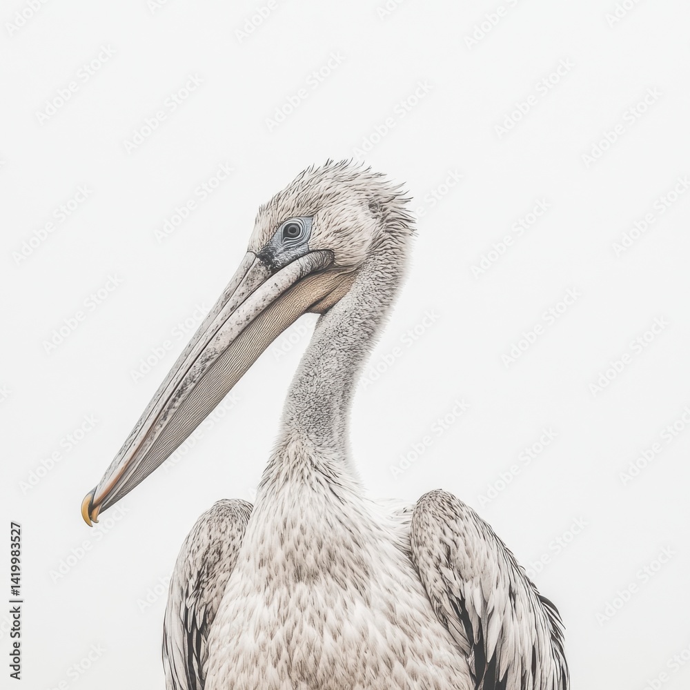 Fototapeta premium Close up of a grey pelican against a bright white background. The pelican's feathers are detailed, and its long beak is prominent.