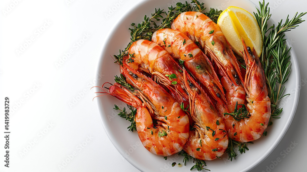 Pan-roasted shrimp with garlic and herbs, presented top-down on a white background Pan-roasted shrimp with garlic and herbs, presented top-down on a white background