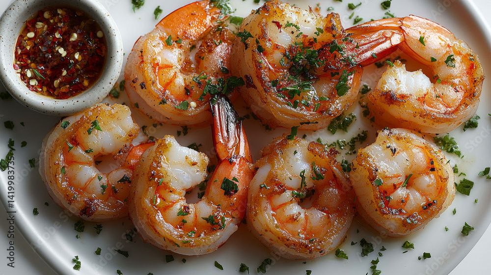 Pan-roasted shrimp with garlic and herbs, presented top-down on a white background