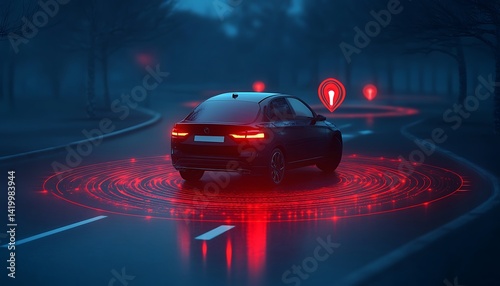 Autonomous Driving in Foggy Evening: A sleek black car navigates a dark, foggy road.