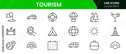 Tourism icon set. Airplane, trip, beach, passport, summer vacations, luggage, camping, hotel. Collection of traveling and tourism elements. Vector illustration.