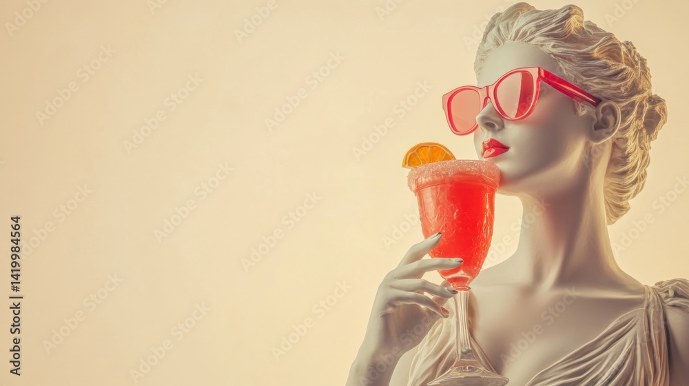 marble statue of a woman wearing red sunglasses holds a vibrant red cocktail with a citrus slice