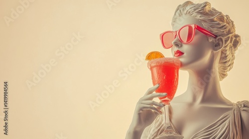 Obraz na płótnie marble statue of a woman wearing red sunglasses holds a vibrant red cocktail with a citrus slice w salonie