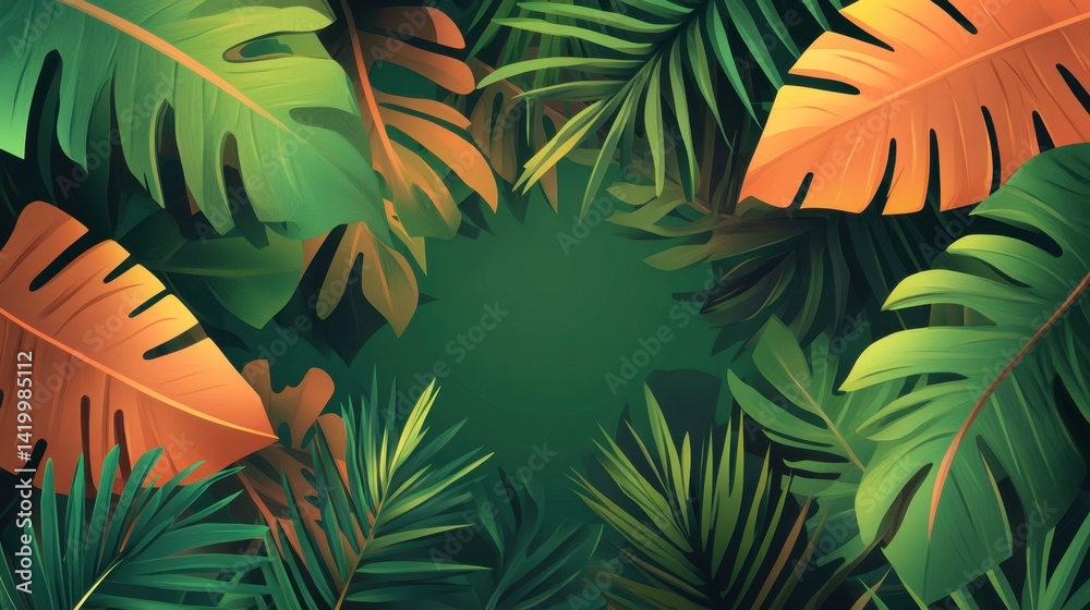 A vibrant tropical background featuring lush green and orange palm leaves framing a blank center space