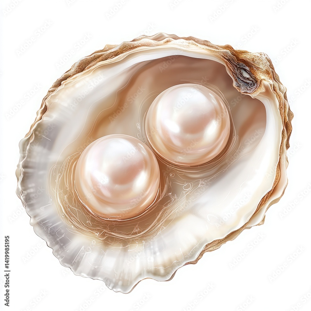 Two Glimmering Pearls Nestled in an Open Oyster Shell on a Soft White Background Two Glimmering Pearls Nestled in an Open Oyster Shell on a Soft White Background