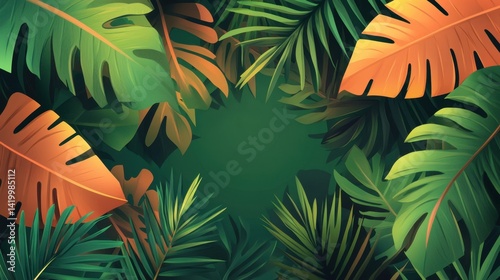 Obraz na płótnie A vibrant tropical background featuring lush green and orange palm leaves framing a blank center space w salonie