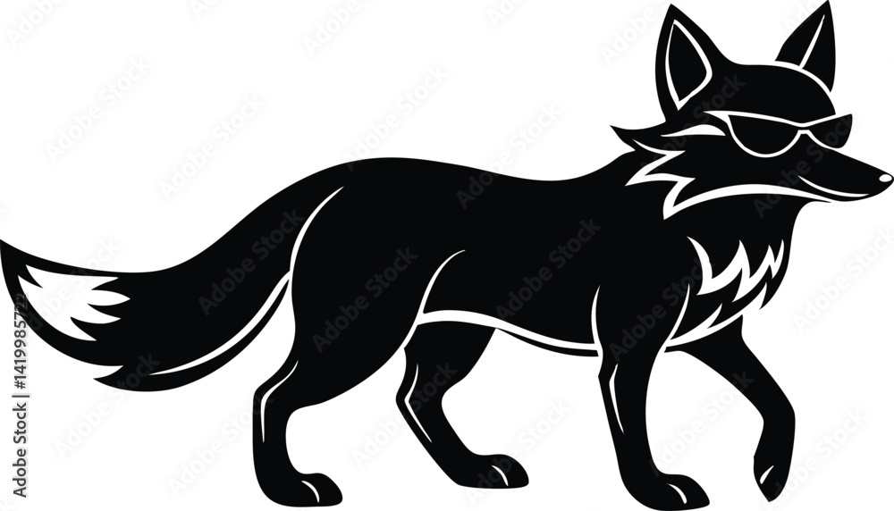 Obraz premium vector illustration of happy cute fox head, fox wearing sunglass silhouette vector illustration, fox walking symbol icon, heroism wearing sunglass funny fox head vector icon on white background.
