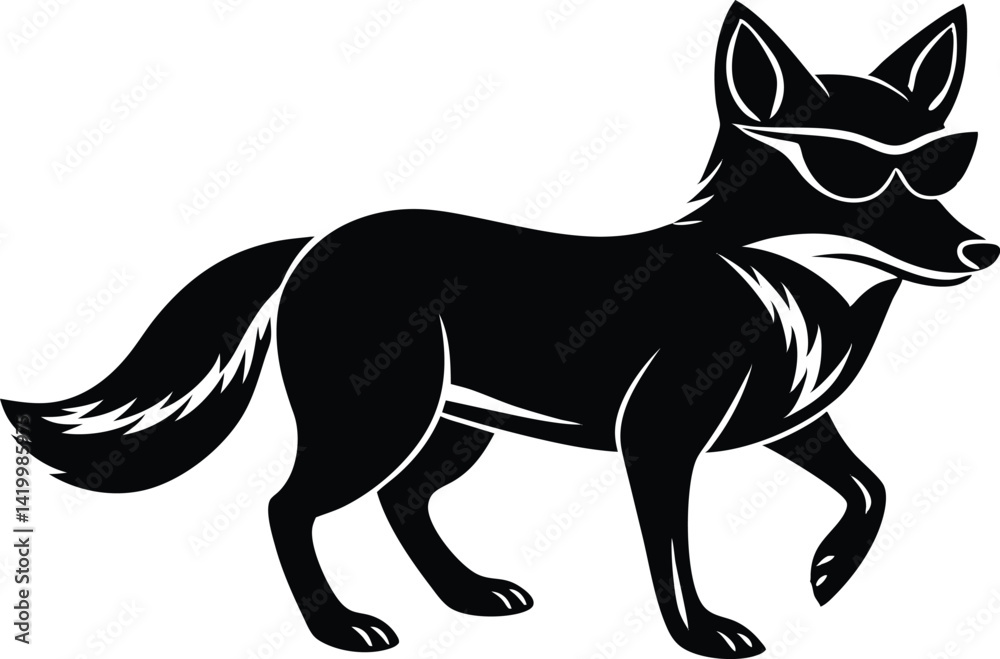 Fototapeta premium vector illustration of happy cute fox head, fox wearing sunglass silhouette vector illustration, fox walking symbol icon, heroism wearing sunglass funny fox head vector icon on white background.