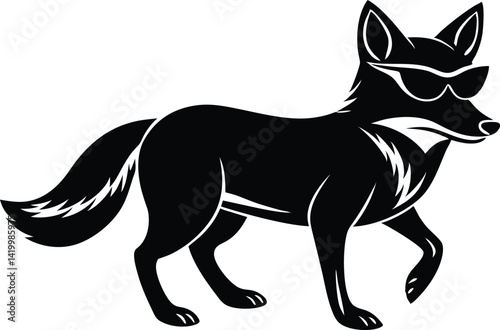 vector illustration of happy cute fox head, fox wearing sunglass silhouette vector illustration, fox walking symbol icon, heroism wearing sunglass funny fox head vector icon on white background.