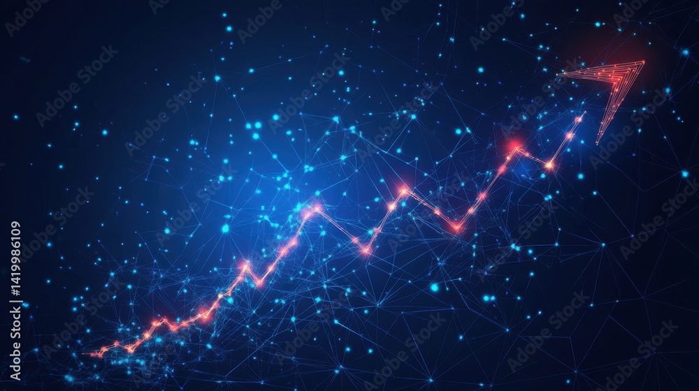 A glowing red arrow made of digital lines and particles rises sharply upward against a futuristic blue network background