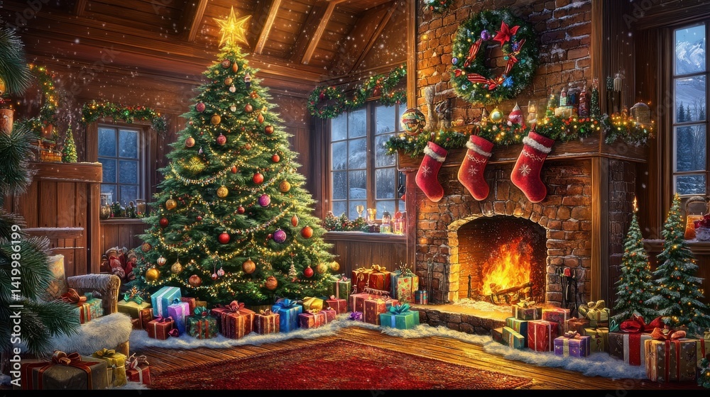 Fototapeta premium An indoor winter setting, with a beautiful christmas tree decorated with ornaments and twinkling lights, a fireplace with hanging stockings, and colorful presents. A festive and warm christmas atmosp