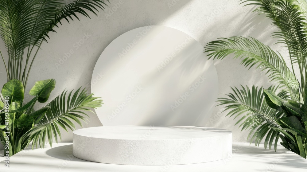 white podium is surrounded by lush green tropical plants against a softly lit neutral wall