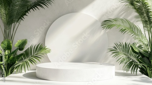 Obraz na płótnie white podium is surrounded by lush green tropical plants against a softly lit neutral wall w salonie