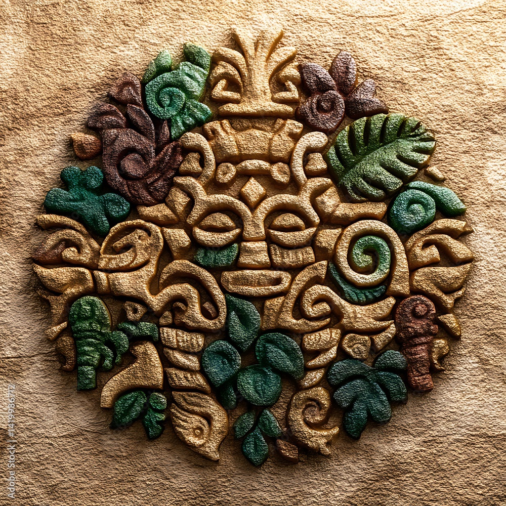 Ancient Stone Carving with Floral and Spiritual Elements Symbolizing Mystical Guardianship in History.