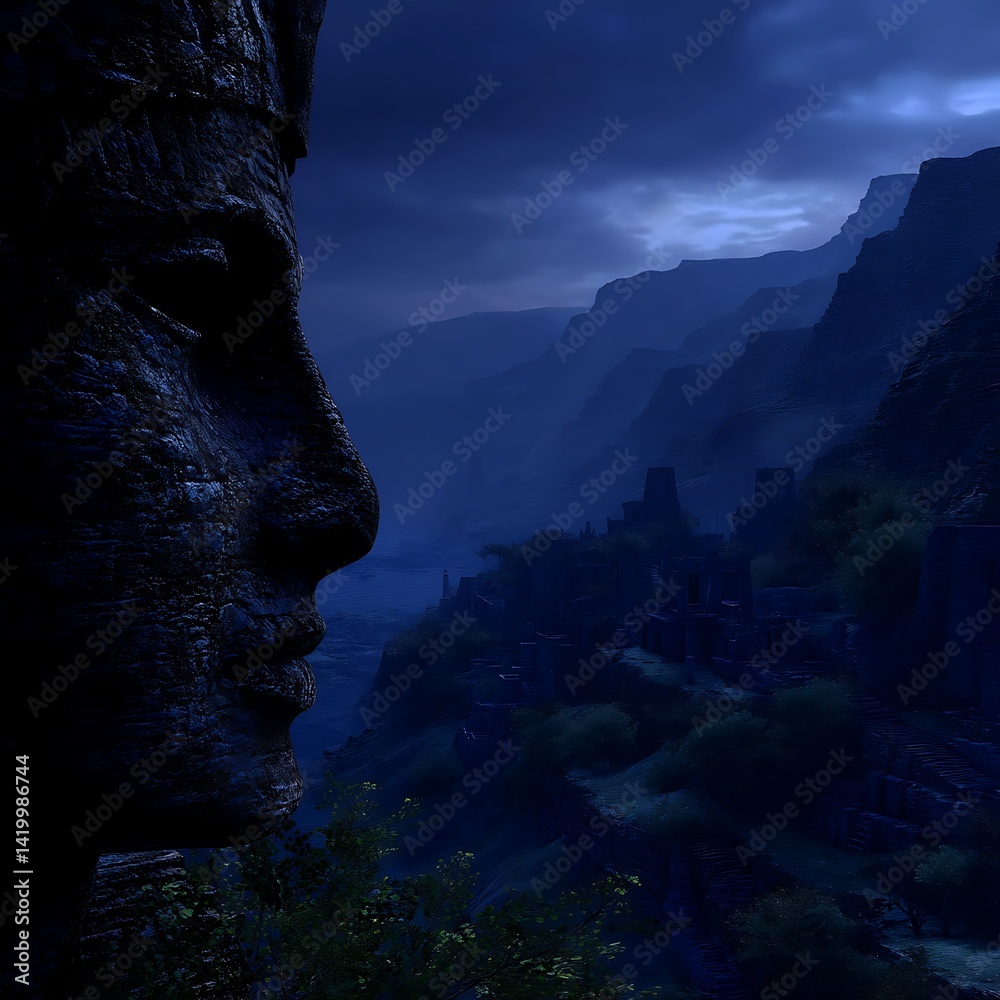 Ancient Stone Sculpture in Mysterious Mountain Valley at Twilight Exploration and Discoveries.
