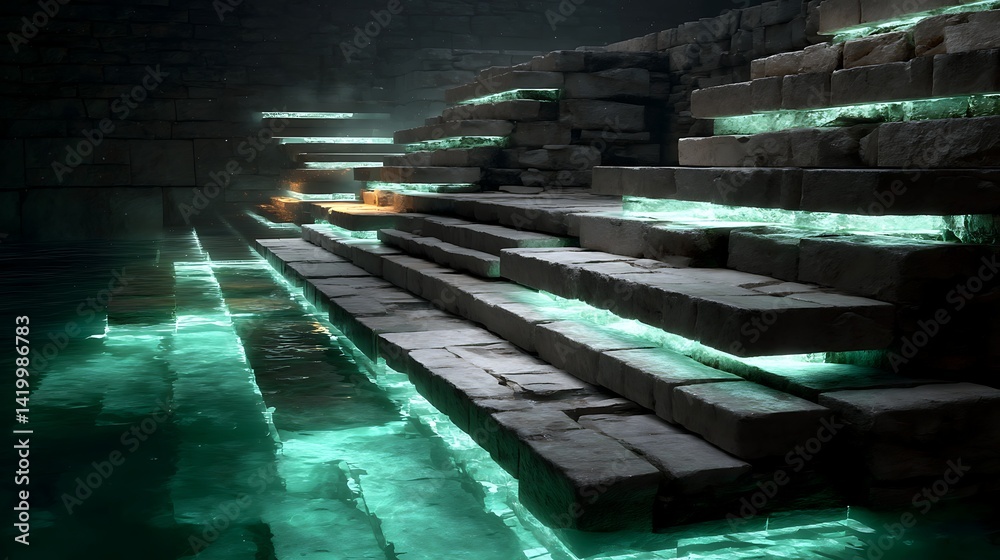 Ancient Stone Steps Submerged in Eerie Green Water Leading Upward in Mystical Underground Chamber.