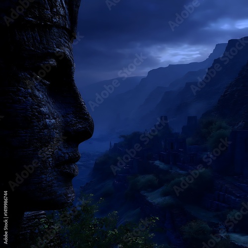 Obraz na płótnie Ancient Stone Sculpture in Mysterious Mountain Valley at Twilight Exploration and Discoveries. w salonie