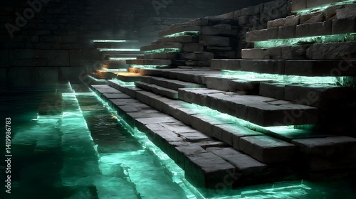 Obraz na płótnie Ancient Stone Steps Submerged in Eerie Green Water Leading Upward in Mystical Underground Chamber. w salonie