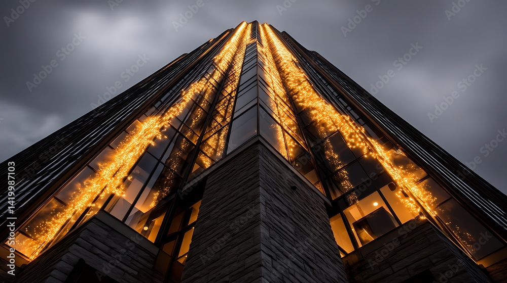 Angular Glimmering Architectural Building Majesty with Cascading Golden Light in Evening Dusk Scenery.