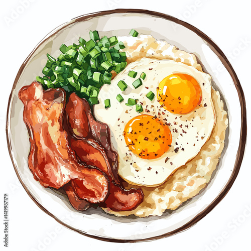 Watercolor Hog Jowl & Grits with Sunny Side Eggs Art