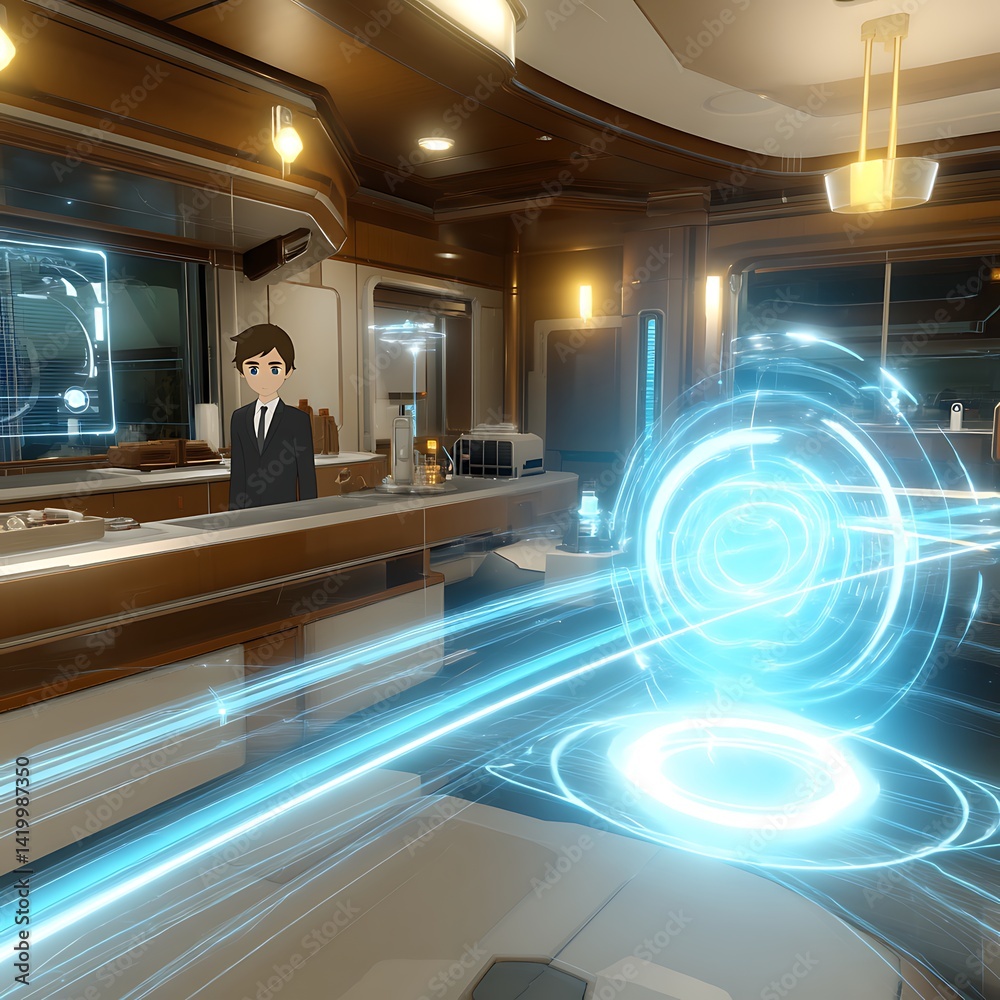 Animated Character at Modern Bar with Glowing Portal Effect Futuristic Scene Aesthetics.