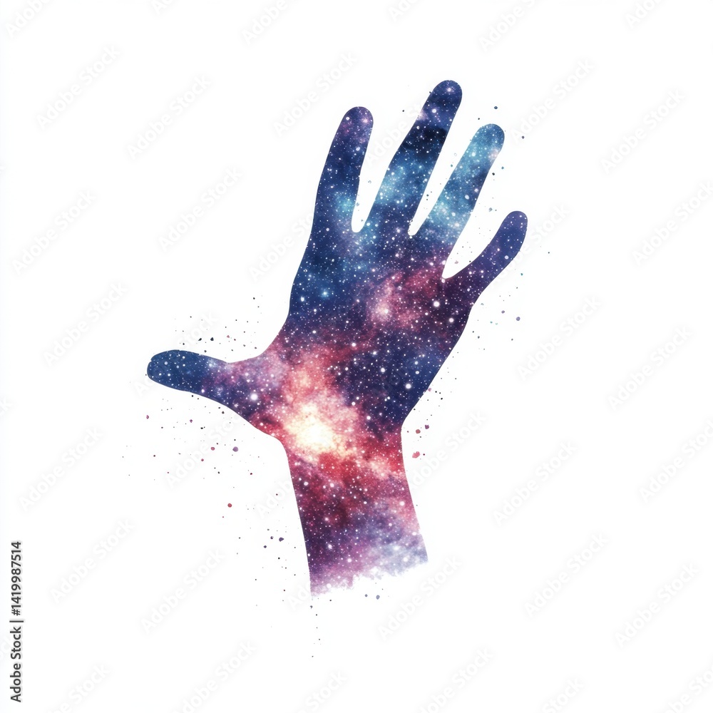 A stylized image of a hand filled with a vibrant nebula, cosmic dust, and stars on white background.