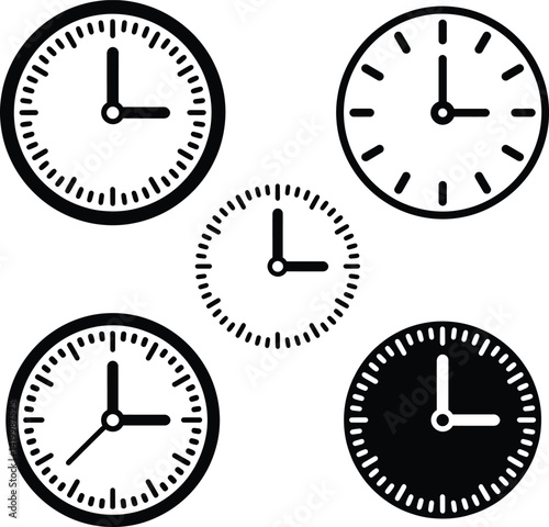 Set of Simple black clock icons showing different times on a white background Minimalist design