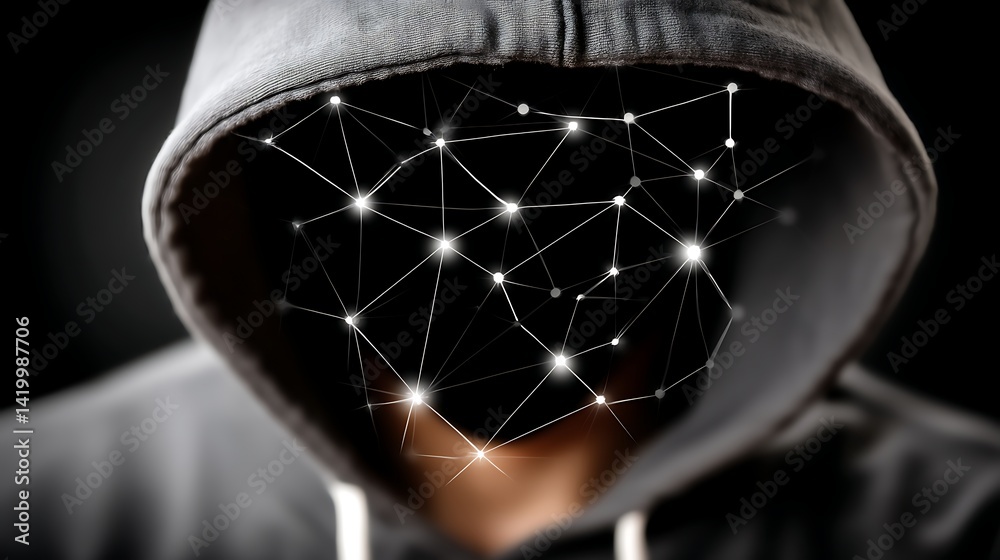 Anonymous Hooded Figure with Network of Light Connecting Dots Cyberpunk Futuristic Feel.