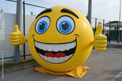 A giant inflatable smiley face giving two thumbs up, radiating pure joy and infectious happiness outdoors near a fence, bathed in bright sunlight.