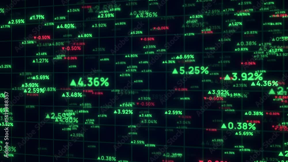 Stock market growth, illustration of economic crisis and recovery of growth of stocks and bonds, global financial crisis and shock, bursting of economic bubble. Backdrop of digits with interest rates