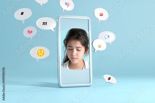 Cyberbullying concept with a sad girl receiving negative comments and emoticons on social network