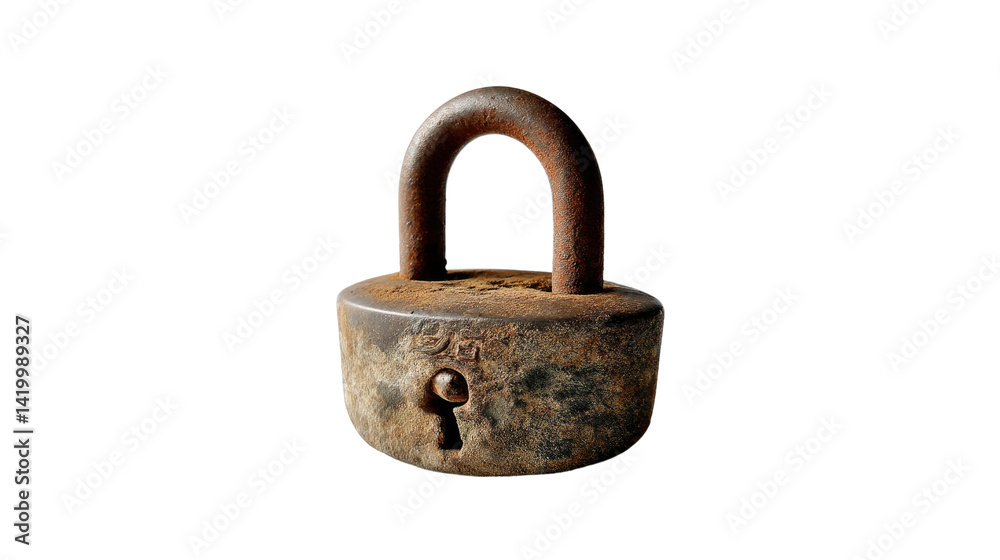 Naklejka premium Rusty Padlock: Close-up view of an old, rusty padlock, showing the details of its weathered surface and keyhole. The image evokes feelings of security, age, and perhaps a sense of mystery.