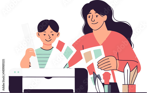 Mother and child printing product labels together, isolated white background