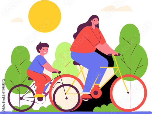 Mother and child riding bicycles to enjoy the cool breeze by the river. Isolated white background.