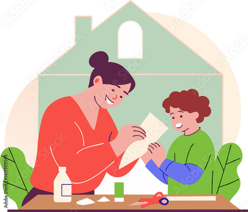 Mother and child doing DIY crafts together at a wooden table in the house, isolated on white background.
