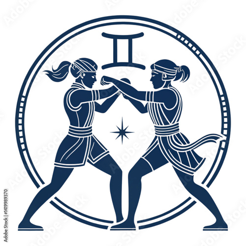Gemini zodiac symbol illustrated with twin figures in action  