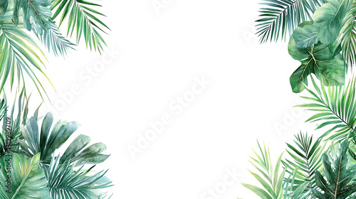Lush tropical leaves frame, featuring various green foliage creating a vibrant and exotic border. Ideal for nature-themed designs or backgrounds.